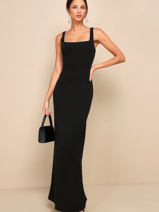 Lulus Dresses & Skirts - Timeless Poise Black Rhinestone Square Neck Backless Maxi Dress